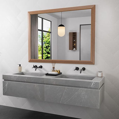 Amorho Bathroom Mirror, 48 X36 Inch Wall Mirror, Walnut Wood Grain Metal Framed, Anti-Rust, Hang Horizontally/Vertically, Suitable for Vanity, Bedroom, Farmhouse, Bathroom
