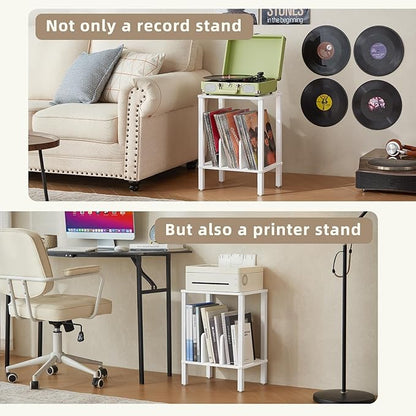 LELELINKY 2-Tier Bamboo Record Player Stand Set of 2 with Vinyl Record Storage up to 100 Albums, Boho Bedroom Record Holder and Multi-Functional End Table for Living Room, White