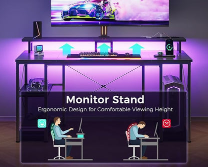 ODK 63 Inches Gaming Desk with LED Lights, Computer Desk with Monitor Stand, Pc Table with CPU Stand, Black