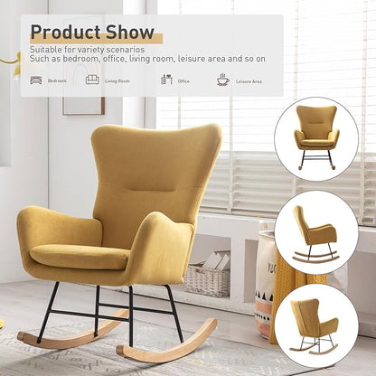 Phoenix Home Rocking Chair Nursery Velvet Upholstered Glider Rocker Rocking Accent Chair Padded Seat with High Backrest Armchair Comfy Side Chair for Living Room Bedroom Offices, Yellow