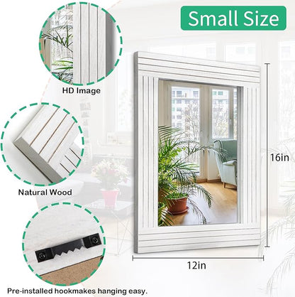 Wood Mirror Rectangular Framed Rustic Vintage Mirrors Decor Farmhouse Bedroom Bathroom Mirror for Dressing Table Entrance Small 16"x12" White