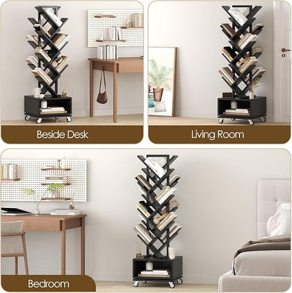 7 Tier Double Sided Rotating Tree Book Shelf, Floor Standing Wood Bookshelf with Adjustable Wheels for Narrow Space, with Storage Cabinet for Books/CDs/Magazine, Black