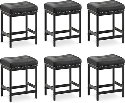 MALOL Set of 6 Saddle Bar Stools Counter Height 24.4”, Black Backless Barstools for Kitchen Island, Modern PU Leather Cushioned Seat, Bar Chairs for Kitchen Counter, Breakfast Bar Stools for Home