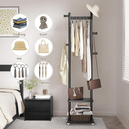 Coat Rack Freestanding Clothing Rack with Wheels & 2 Shelves Storage & 5 Hooks Heavy Duty Clothes Rack Wood Coat Tree Stand Hat Hanger Rack for Corner Bedroom Entryway Living Room Hotel