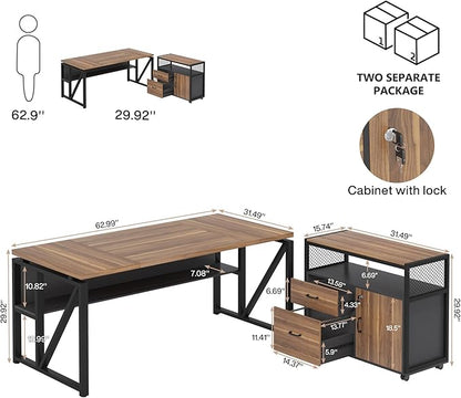 Tribesigns 63" Executive Desk with Reversible File Cabinet, Large L-Shaped Office Desk with Drawers, Business Furniture Workstation for Home Office