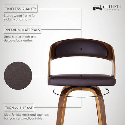 Armen Living Shelly 30" Bar Height Swivel Brown Faux Leather and Walnut Wood Bar Stool - Set of 4