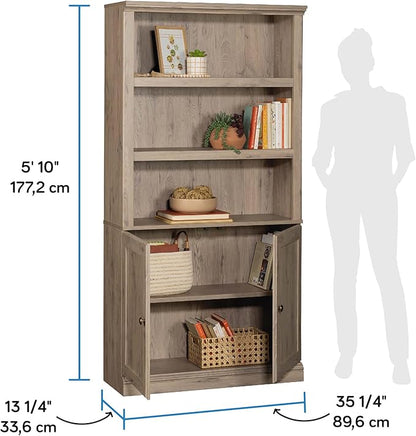 Sauder Miscellaneous Storage 5-Shelf Bookcase with Doors, L: 35.28" x W: 13.23" x H: 69.76", Laurel Oak Finish