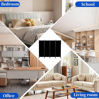 Room Divider 6FT Room Partition with Lockable Wheels,4 Panel (Thicked Metal Base) Room Dividers, Freestanding Indoor Folding Privacy Screens, Portable Fabric Wall Divider for Room Separation, Black