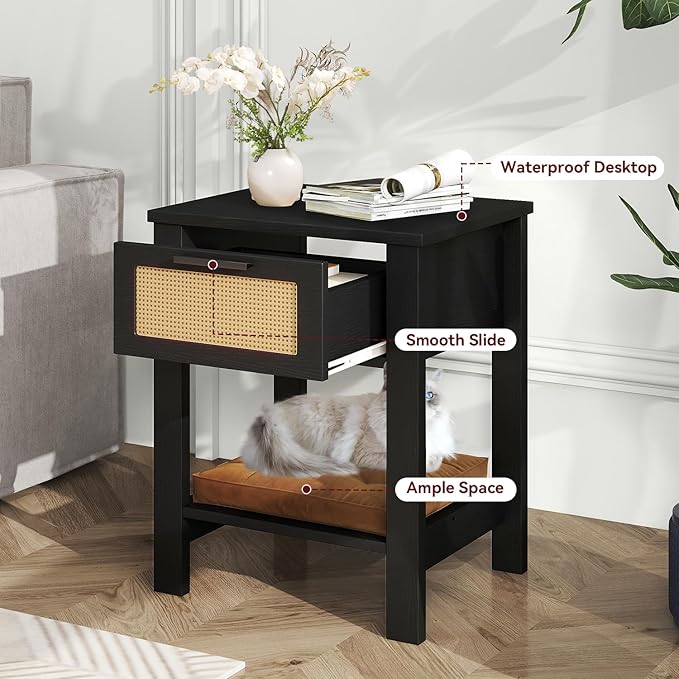 IBUYKE Rattan Nightstand Set of 2, Boho Night Stand with Drawer, Wood Bedside Tables with Storage Shelf, End Table with Legs for Bedroom, Black UWNS011B-2