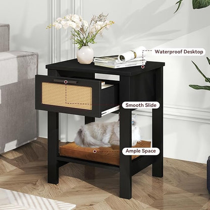 IBUYKE Rattan Nightstand Set of 2, Boho Night Stand with Drawer, Wood Bedside Tables with Storage Shelf, End Table with Legs for Bedroom, Black UWNS011B-2