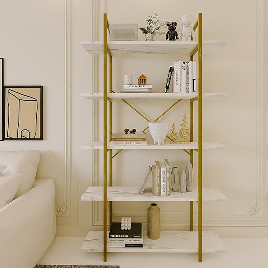 5 Tiers Bookshelf Organizer White Faux Marble Shelf,Modern Open Display Storage Bookcase, and Metal Bookshelf Standing Storage Shelf Tall Shelving Units for Home Office Study