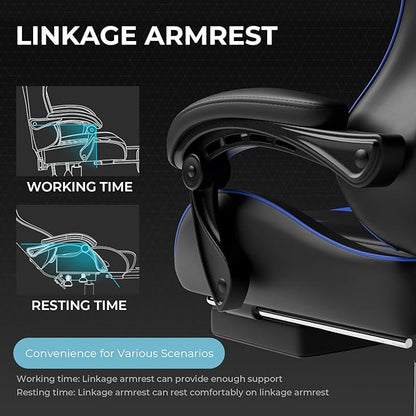 GTPLAYER Gaming Chair, Computer Chair with Footrest and Lumbar Support, Height Adjustable Game Chair with 360°-Swivel Seat and Headrest and for Office or Gaming (Faux Leather, Blue)