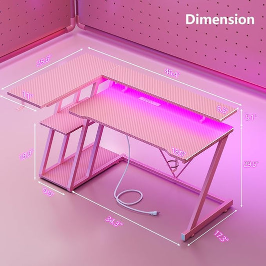 47 Inch Pink Gaming Desk with Power Outlet & LED Lights, Corner Computer Desk with 3 Tiers Storage Shelves, L Shaped Gaming Desk with Monitor Stand for Bedroom