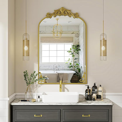 24x36 inch Vintage Arched Bathroom Mirror - Gorgeous Wall Vanity Mirror with Beautiful Retro Top and Bottom Engraving Process Frame for Entryway Hallway Living Room, Gold