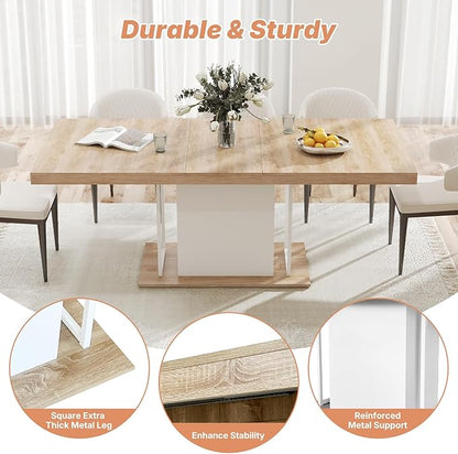63"-78.7" Expandable Dining Table, 6-10 Farmhouse Kitchen Table, Extendable Dining Room Tables, Rectangular Table with Metal Track, Stable Central Column Base for Living Room, Home-Oak