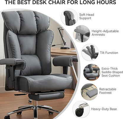 Efomao Big and Tall Office Chair 450LBS with Foot Rest, High Back PU Leather Executive Chair with Adjustable Padded Armrests, Lumbar Support for Home or Work, Heavy Duty Computer Chair, Grey