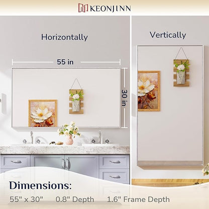 Keonjinn 55 x 30 in Brushed Silver Bathroom Vanity Mirror, Large Silver Framed Mirror for Over Sink, Metal Framed, Rectangle Square Corner, Modern Farmhouse Decorative(Horizontal/Vertical)