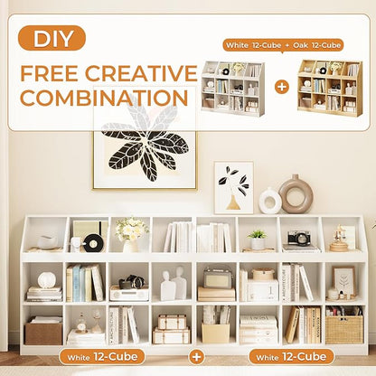 12-Cube Wooden Storage Bookcase - 11-Inch Open Shelf Cabinet, Simple Modern Bookshelf Organizer for Home Office, Living Room, White