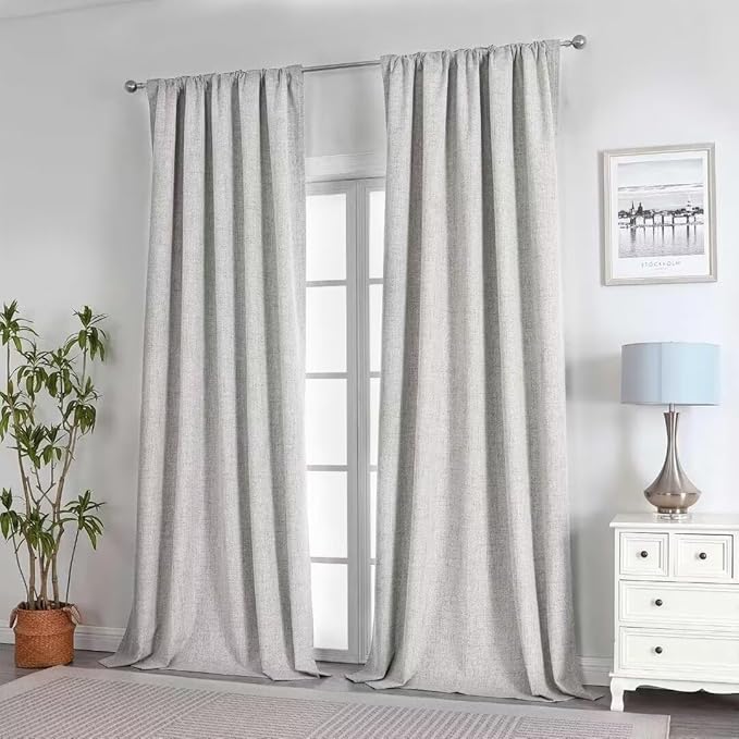 Joydeco Natural Linen Curtains 90 inch Length 2 Panels Set Burg 100% Blackout Patio Door Curtain Room Darkening Sliding Door Curtains Thermal Insulated Back tab Rod Pocket(105x90 inch, White)