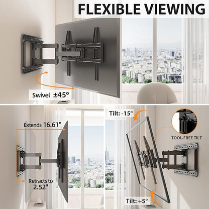 Full Motion 75 85 86 90'' TV Wall Mount Bracket, Loads 150 lbs Heavy Duty TV Mount, Swivel Tilt Extension Level, Complete Metal Bars & Wall Plate, up to 600x400mm VESA & 24'' Wood Studs