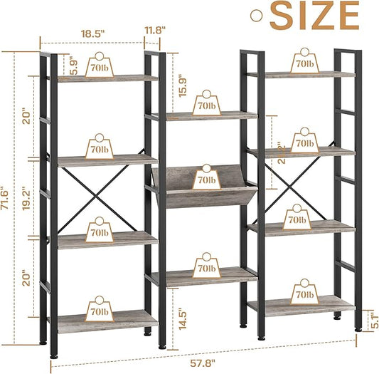 Shintenchi Industrial Bookcase,71.6” Triple 4 Tier Bookshelf with 11 Open Display Shelves,Large Etagere Bookshelf Open Record Player Shelves,Wide Book Shelf Book Case for Home & Office, Grey