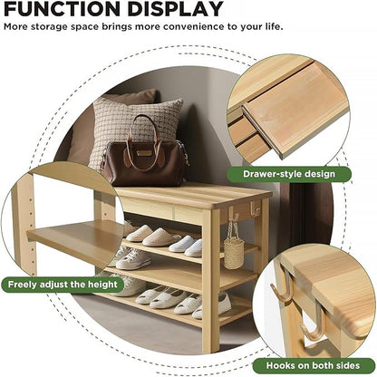 Wood Shoe Bench Entryway with Drawer: 3-Tiers Wooden Storage Shoe Rack with Bench Seat, Compact Mid-Century Modern Design for Entryway, Hallway, Closet, Front Door Entrance, Foyer