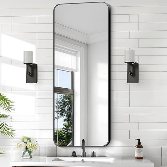 KOCUUY Black Rectangle Mirror, 20" x 48" Metal Frame Mirror with Rounded Corner, Classic Design of Upgraded Shatterproof Glass for Bathroom, Bedroom, Living Room, Entryway