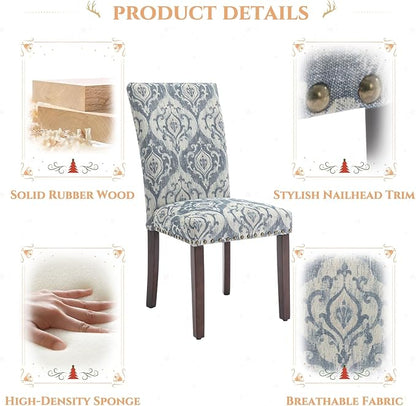 Parsons Dining Chairs Set of 4, Upholstered Nailhead Dining Room Kitchen Side Chair with Thick Cushions and Wood Legs, White/Blue