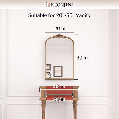 Keonjinn Vintage Gold Mirror 20" x 30", Arched Decorative Mirrors for Wall Decor, Antique Mirror Bathroom, Ornate Baroque Brass Mirror for Mantle, Entryway, Living Room, French Cleat Mounting