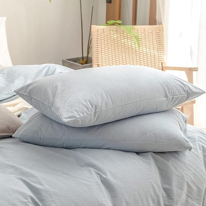 BESTOUCH Duvet Cover Set 100% Washed Cotton Linen Feel Super Soft Comfortable Chic Lightweight 3 PCs Home Bedding Set Solid Cornflower Blue Super Queen