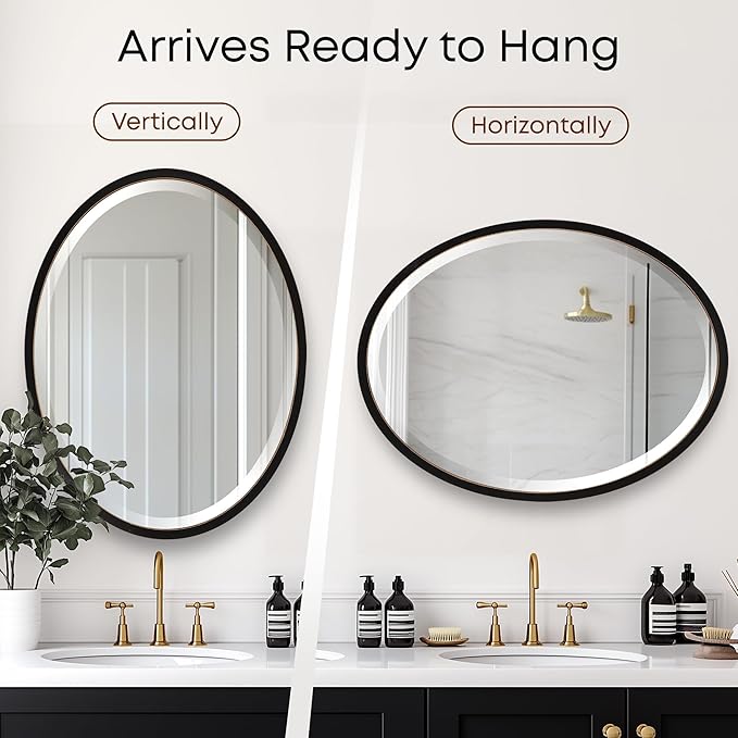 OVALCREST - Oval Wooden Beveled Wall Mirror for Home Decor, Bathroom, Vanity, Bedroom, Living Room, Hallway - London Style (Rubbed Black) 25.1 x 31.1