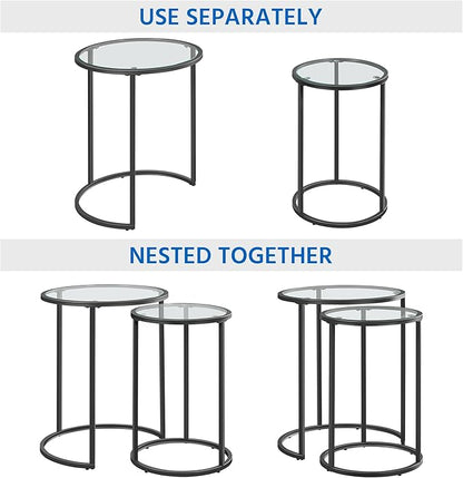 Yaheetech Round Nesting End Table Set of 2,Stacking Side Tables,Coffee Tables Set w/Metal Frame & Glass Top & Protective Foot Pads for Small Space, Living Room, Office- Black