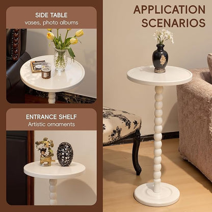 Small Accent Wood End Table, 12inch Round Bedside Table, Natural Side Table Nightstand for Family, Bedroom, Living Room, Handcrafted Finish, White