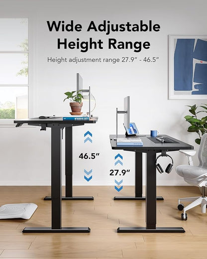 HUANUO 55" x 28" Electric Standing Desk Adjustable Height, 4 Memory Height Settings, Headphone Hook, Cable Manager, Sit Stand Up Desk for Home Office & Computer Workstation, Black
