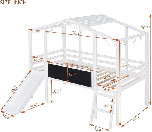 Ball & Cast Twin Size House Loft Bed with Ladder and Slide,Wood Bunkbed w/Blackboard and Light Strip on The Roof,Slat Support,Space Saving,Bedroom Furniture for Student Dorms,White