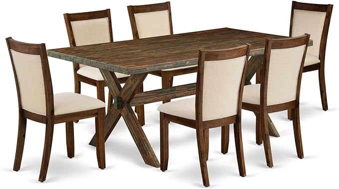 East West Furniture X777MZN32-7 7 Piece Kitchen Table Set Consist of a Rectangle Dining Table with X-Legs and 6 Light Beige Linen Fabric Parson Dining Chairs, 40x72 Inch, Multi-Color