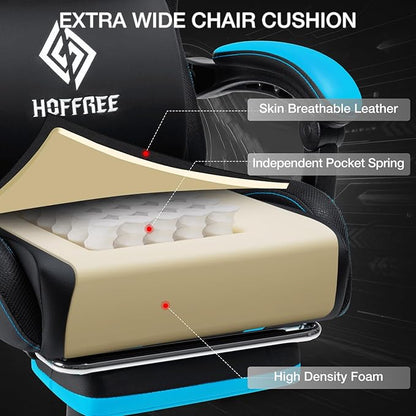 HOFFREE Gaming Chair with Music Rhythm RGB LED Lights and Bluetooth Speakers Ergonomic Massage Computer Gaming Chair with Footrest Video Game Chair High Back with Lumbar Support Blue and Black