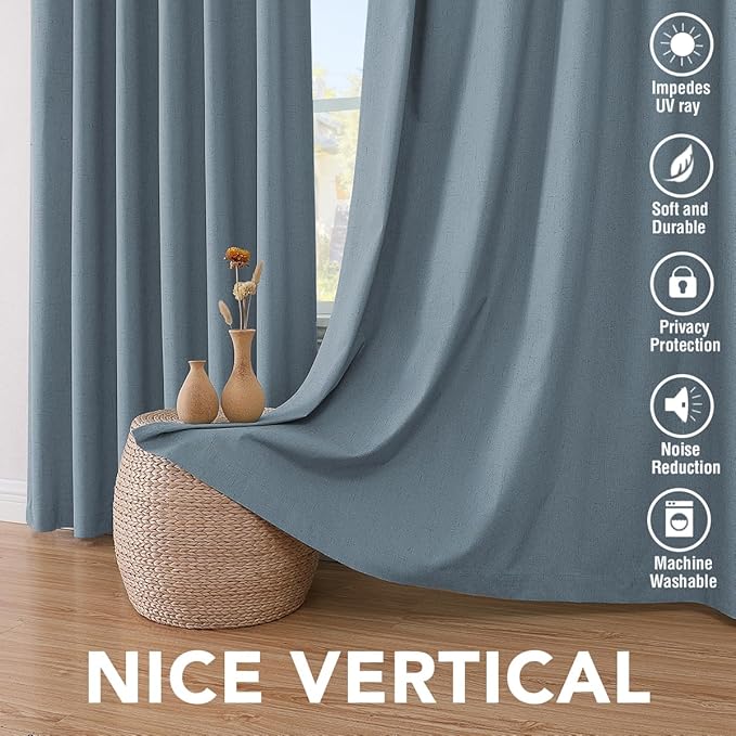 H.VERSAILTEX Linen Blackout Curtains 63 Inches Long 100% Blackout Thermal Insulated Textured Linen Look Curtain Draperies Anti-Rust Grommet, Energy Saving with White Liner, 2 Panels, Stone Blue