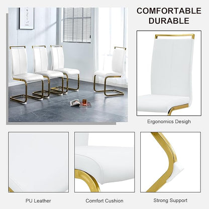 Modern Dining Chairs Set of 4,High Back White Kitchen Chairs,Faux Leather Side Chair with Gold Plated Metal Legs,Easy to Clean Upholstered Dining Chairs,Ideal for Living Room(Gold Leg)