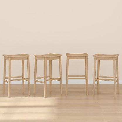 Plank+Beam Smythe Bar Stool, 30", Set of 4, Sturdy Wood Modern Kitchen Bar Height Stool, Saddle Seat Backless Bar Chair, Metal Footrest, Blonde