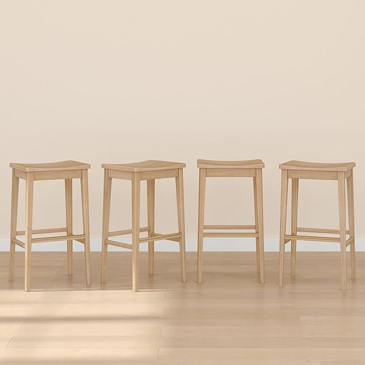 Plank+Beam Smythe Bar Stool, 30", Set of 4, Sturdy Wood Modern Kitchen Bar Height Stool, Saddle Seat Backless Bar Chair, Metal Footrest, Blonde