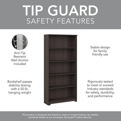 Bush Furniture Cabot Tall 5 Shelf Bookcase | Large Open Bookshelf in Heather Gray | Sturdy Display Cabinet for Library, Living Room, and Home Office