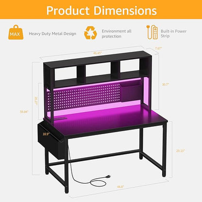 Black Gaming Desk with Hutch and Pegboard - 47 Inch Gaming Desk with Shelves Storage Power Outlets, Computer Teen Work Study Writing Desks for Bedroom Home Office