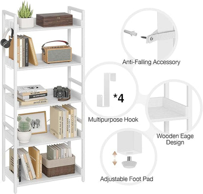 Rolanstar Bookshelf 5 Tier with 4 Hooks, Industrial Bookcase, Vintage Storage Rack with Open Shelves, Rustic Standing Bookshelves Metal Frame Display Rack for Living Room, Bedroom, White