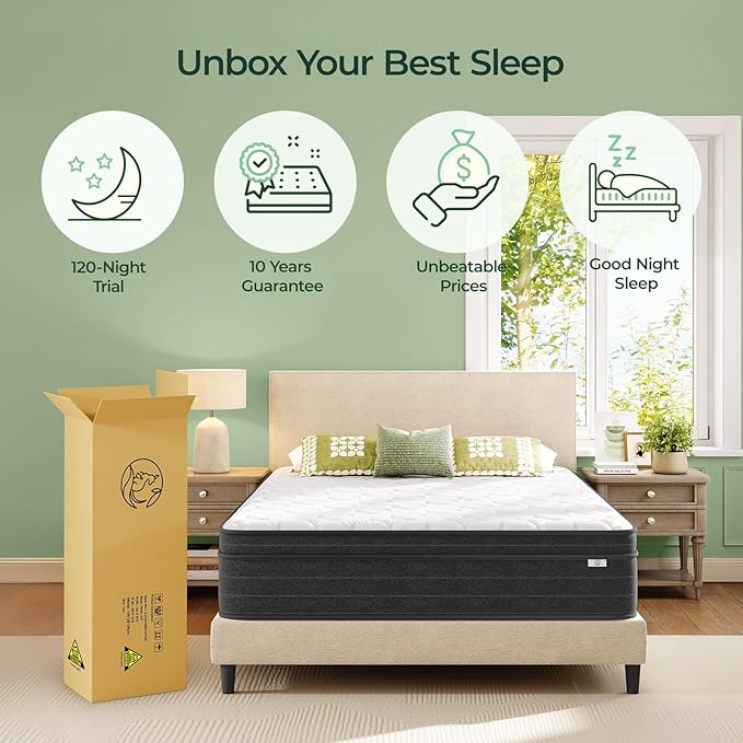 12 Inch Queen Size Mattress in a Box - Memory Foam & Pocket Spring Bed Mattress for Back Pain Relief, Cool Breathable Fiberglass-Free Cover, Medium Firm, CertiPUR-US Certified