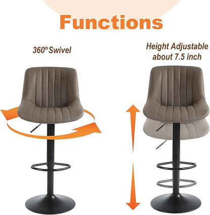Bar Stools Set of 2, Swivel Counter Height Barstools with Back, Adjustable Faux PU Leather Bar Chairs, Modern Armless Kitchen Island Stool, Brown