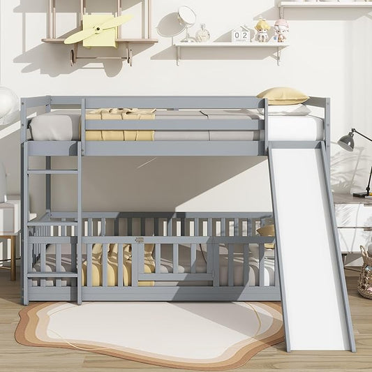 Ball & Cast Bunk Bed Twin Over Twin with Storage Staircase & Slide,Pine Solid Wood Bunk Bed Frame with Safety Guardrails,Floor Bunk Beds for Kids,Teens,No Box Spring Needed,Grey