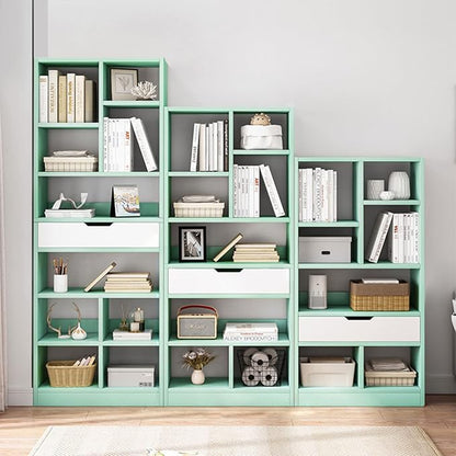 IOTXY Wooden Open Shelf Bookcase - 51 Inches Height Freestanding Display Storage Cabinet Organizer with 7 Cubes and a Drawer, Floor Standing Bookshelf in Tiffany-Green