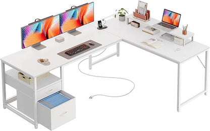 PRAISUN 63 Inch L Shaped Desk with Power Outlets and USB-C Port, Computer Corner Home Office Desk with File Fabric Drawers and Movable Monitor Stand, Larger Storage, Gaming, Writing, Work, White