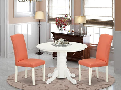 East West Furniture SHEN3-LWH-78 3 Piece Dining Table Set Contains a Round Kitchen Table with Pedestal and 2 Pink Flamingo Faux Leather Upholstered Chairs, 42x42 Inch, Linen White